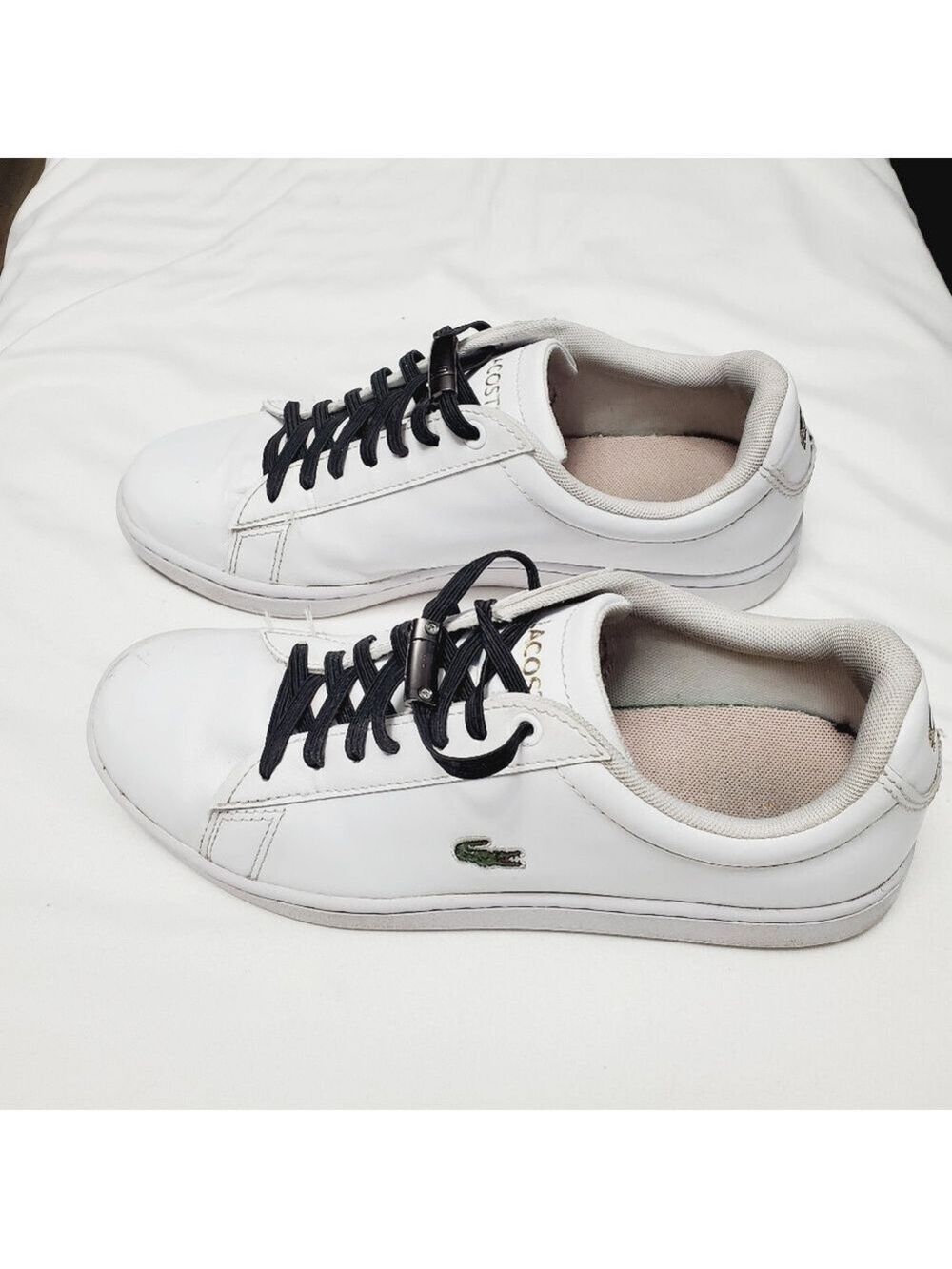 Lacoste Sneakers Shoes White Tie Up Shoelace Gold Foil Accent Size 7